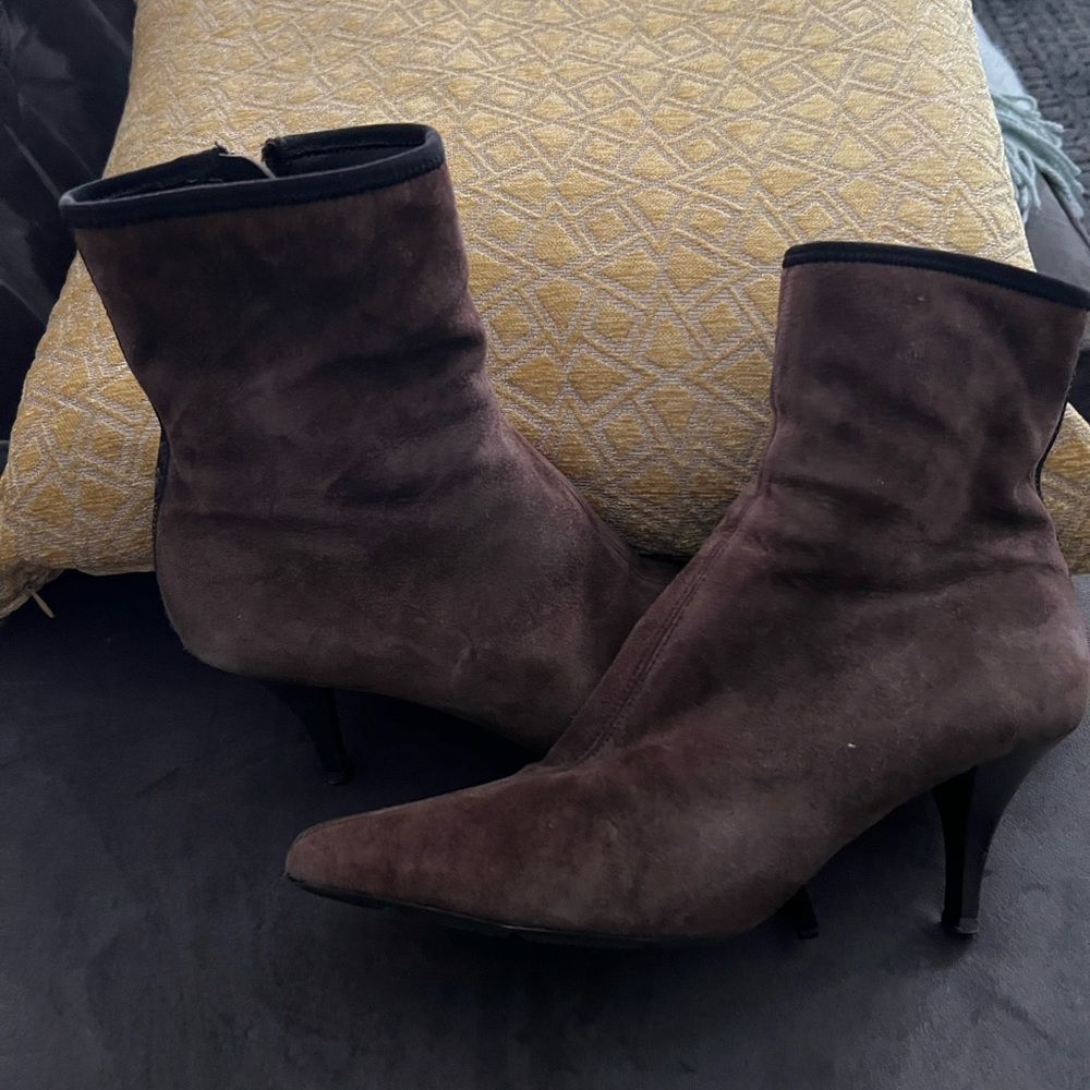 Brown suede Prada booties. With black Prada logo stripe